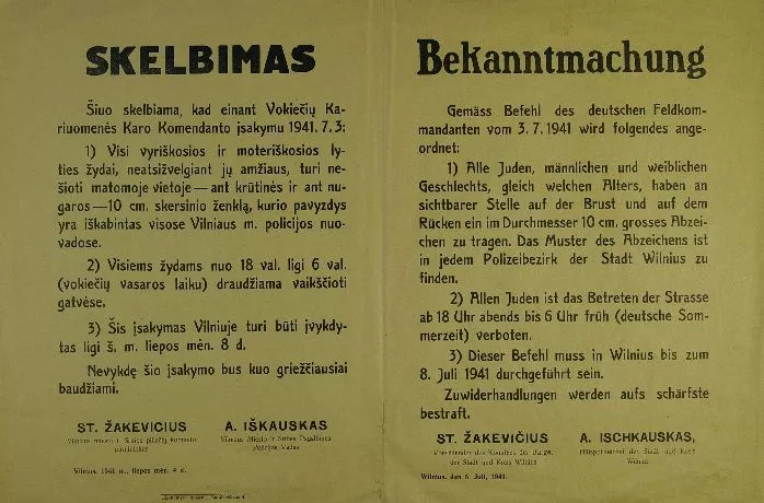 Skelbimas apie žydų skiriamojo ženklo nešiojimo privalomumą. Vilnius, 1941m. Nuotrauka iš Valstybinio Vilniaus Gaono žydų muziejaus.