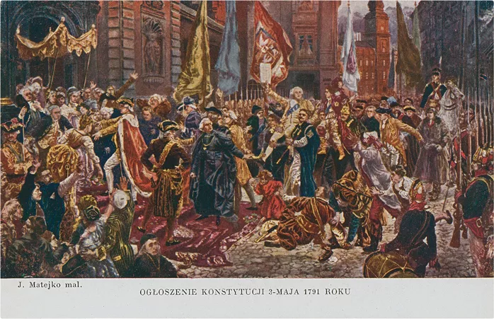 1791 m. gegužės 3 d. Konstitucijos paskelbimas. Dail. J. Mateika   Atvirukas. Krokuva, apie 1930 m.  Lietuvos nacionalinis muziejus  Priimta pirmoji rašytinė Konstitucija Europoje, nustačiusi svarbiausius XVIII a. europinę koncepciją atitikusius valstybės santvarkos organizavimo principus.  Pagrindinis Abiejų Tautų Respublikos įstatymas, 1791 m. gegužės 3 d. priimtas Ketverių metų Seimo, siekiant stiprinti valstybę ir atverti kelią visuomenės pažangai. Gegužės 3 d. Konstitucija laikoma pirmąja Europoje ir antrąja pasaulyje rašytine konstitucija po Jungtinių Amerikos Valstijų 1789 m. pagrindinio šalies įstatymo.