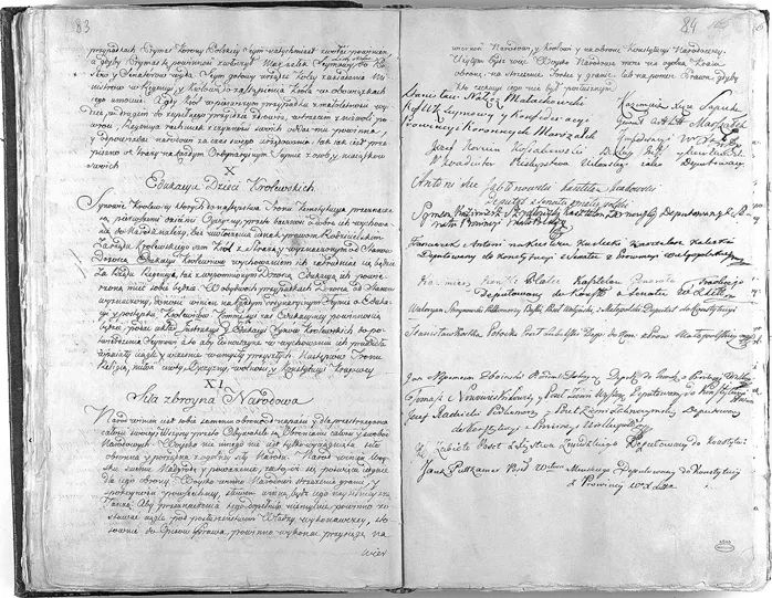 1791 m. gegužės 3-iosios Konstitucija. Konstitucija atspindėjo to meto filosofines ir politines idėjas: valdžių padalijimo principą, respublikinį valdymą (nors ir monarchijos pavidalu), taip pat tautos kaip valstybės vientisumo ir suverenumo gynėjos idėją. Savo turiniu ji skyrėsi nuo garsiosiojo dokumento „Žmogaus ir piliečio teisių deklaracija“ – Gegužės 3 d. Konstitucija iš esmės persmelkta ne vien tik pilietinių teisių išskleidimo, bet ir bajoriškosios visuomenės sampratos. Vis dėlto, Gegužės 3-osios Konstitucija tapo reformų atspirties tašku. Reformų, kurias po kiek daugiau nei metų nutraukė 1793 m. Gardino Seimas ir vėlesnis Abiejų Tautų Respublikos išnykimas iš Europos žemėlapio. Tačiau Konstitucijos idėja liko gyvuoti ir įkvėpė vėlesnes kartas tiek Lenkijoje, tiek Lietuvoje.